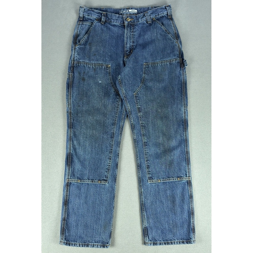 Carhartt Jeans 34x32 Blue Distressed Faded Stain Double Knee Dungaree Loose
